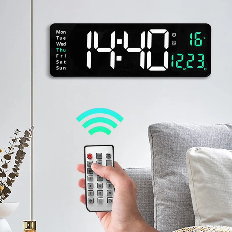 Wall-mounted Digital Wall Clock With Remote Control Large Wall Clocks Temp Date Week Display Power Off Dual Alarms Table Clock