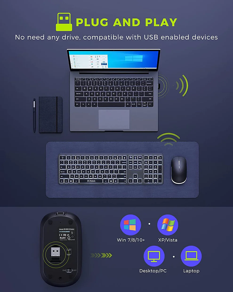 Wireless Ultra Slim Full Size Keyboard and Mouse Combo Rechargeable 2.4G USB Cordless Illuminated Keyboard & Mouse Set