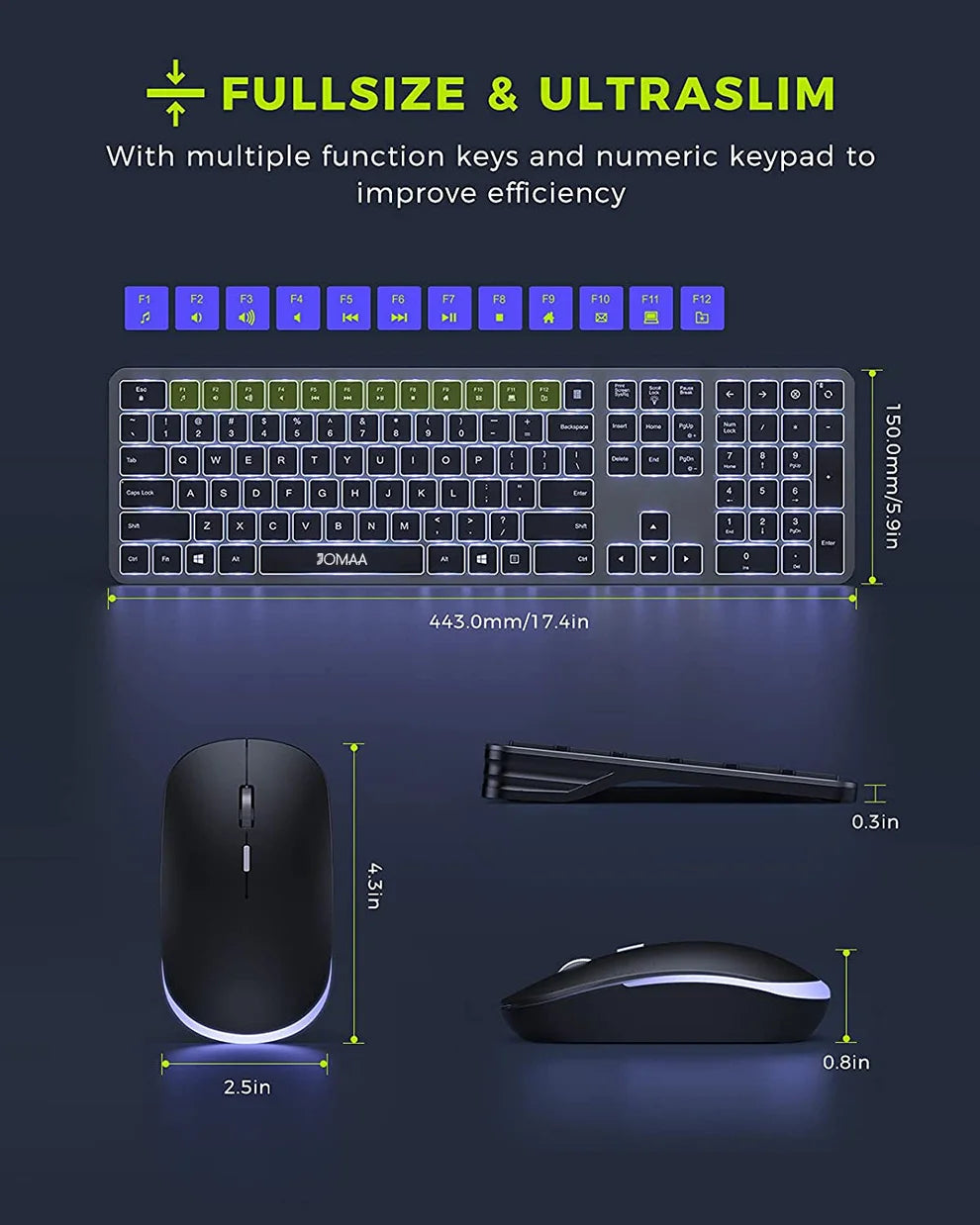 Wireless Ultra Slim Full Size Keyboard and Mouse Combo Rechargeable 2.4G USB Cordless Illuminated Keyboard & Mouse Set