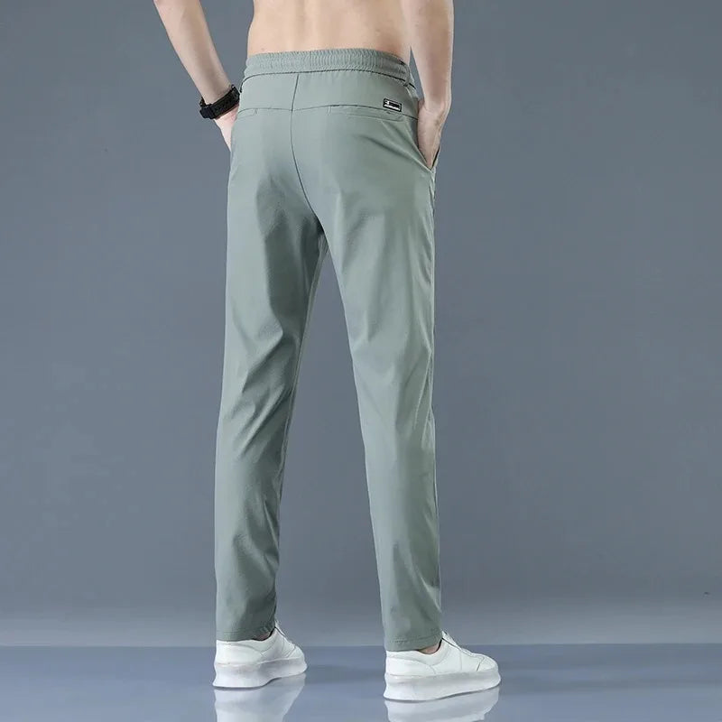 Men's New Casual Pants Fashion Stretch Straight Slim Pants Hong Kong Wind Ice Silk Loose Everything Trend Foreign Jogging Pants