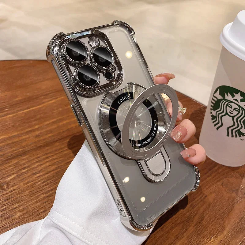 Luxury Plating Shockproof Magnetic Bracket Case For iPhone 15 16 11 12 13 14 Pro Max Plus XR For Magsafe With Holder Stand Cover