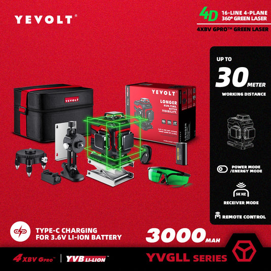 YEVOLT YVGLL4XS16B2 4-Plane Green Beam Laser Level Kit 4D 16 Lines Self-Leveling Remote Control Magnetic Bracket Measuring Tools