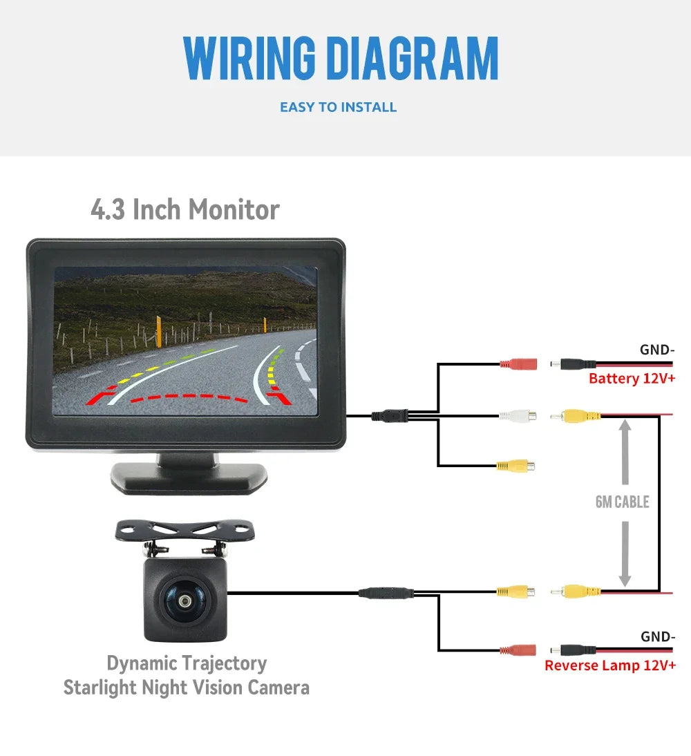 MJDOUD Car Rear View Camera with Dynamic Trajectory Parking Line for Vehicle Monitor Reversing Camera with 4.3" Screen Universal