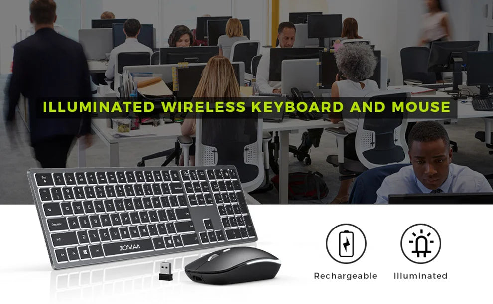 Wireless Ultra Slim Full Size Keyboard and Mouse Combo Rechargeable 2.4G USB Cordless Illuminated Keyboard & Mouse Set