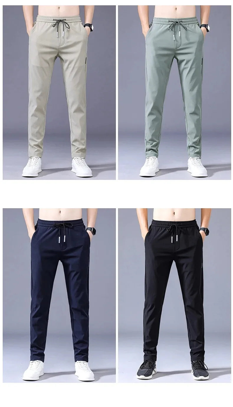 Men's New Casual Pants Fashion Stretch Straight Slim Pants Hong Kong Wind Ice Silk Loose Everything Trend Foreign Jogging Pants