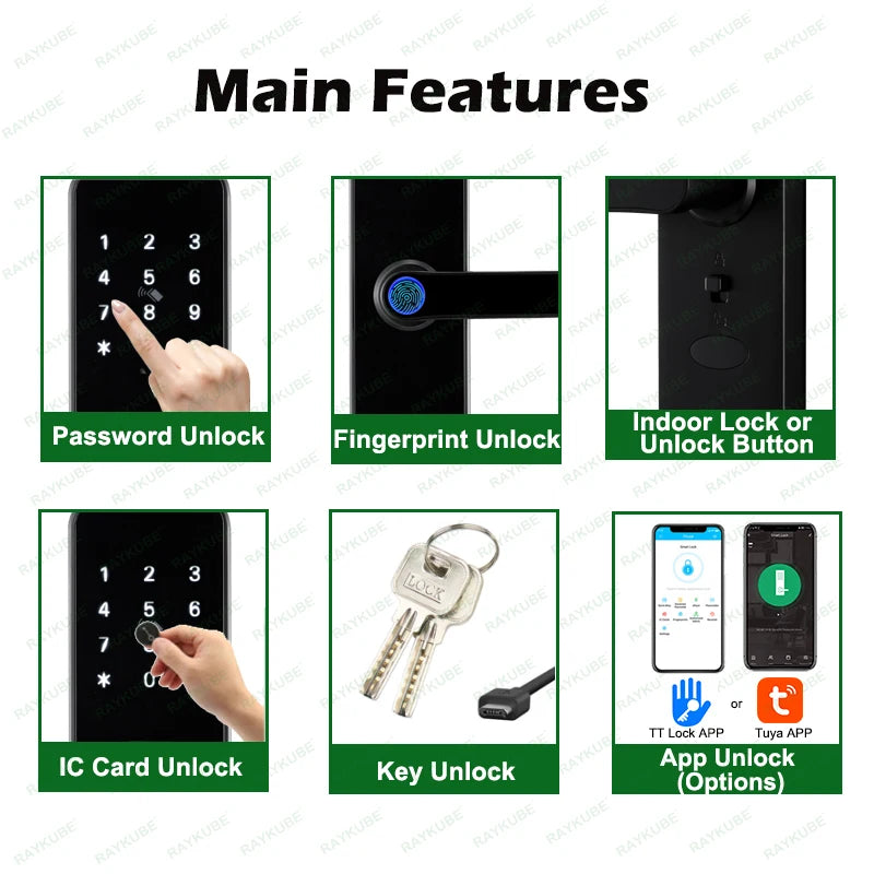 2023 NEW RAYKUBE K8 Tuya Wifi Smart Door Lock TT Lock Fingerprint Lock Digital Electric Lock With Longer Larger Handle Panels