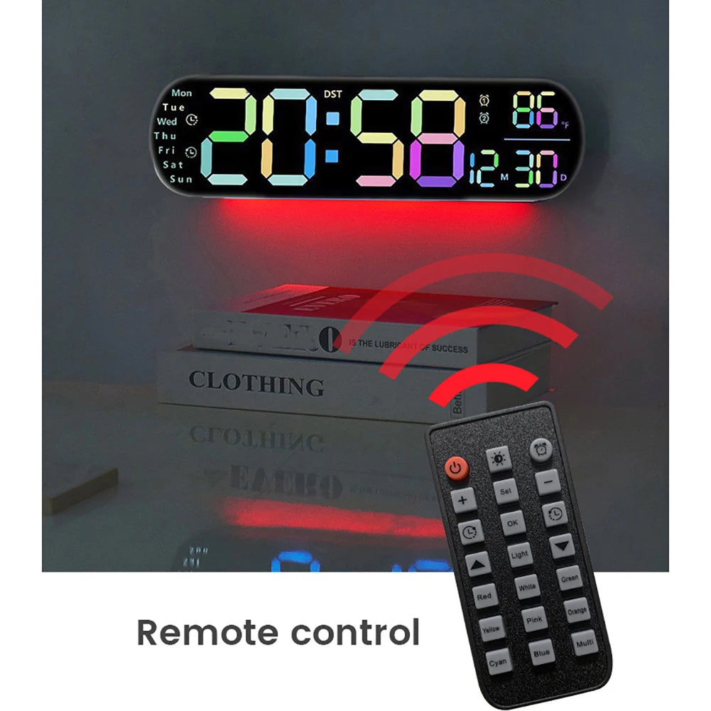 Digital Wall Clock LED Alarm Clock with Large Display Remote Control 9 Colored Ambient Lights Brightness Adjustable Clock