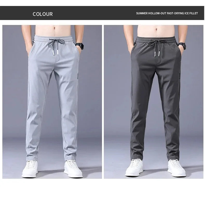 Men's New Casual Pants Fashion Stretch Straight Slim Pants Hong Kong Wind Ice Silk Loose Everything Trend Foreign Jogging Pants