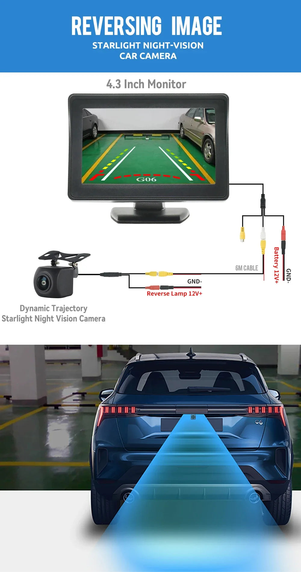 MJDOUD Car Rear View Camera with Dynamic Trajectory Parking Line for Vehicle Monitor Reversing Camera with 4.3" Screen Universal