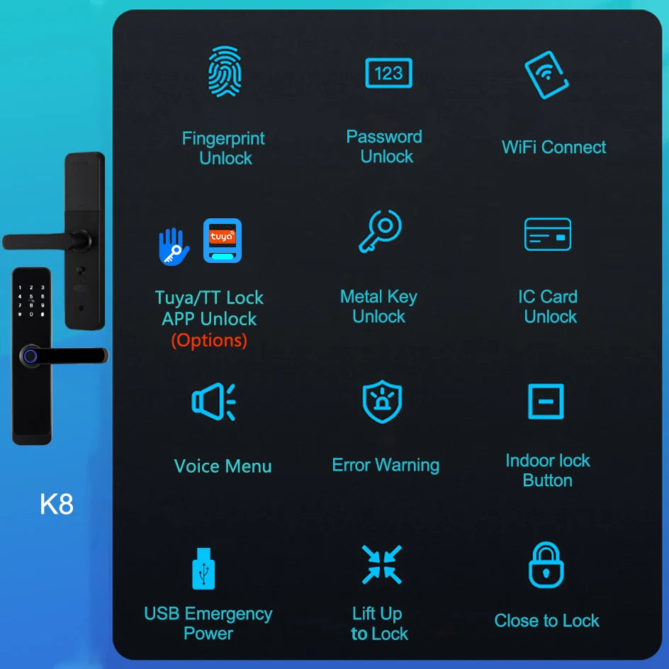 2023 NEW RAYKUBE K8 Tuya Wifi Smart Door Lock TT Lock Fingerprint Lock Digital Electric Lock With Longer Larger Handle Panels