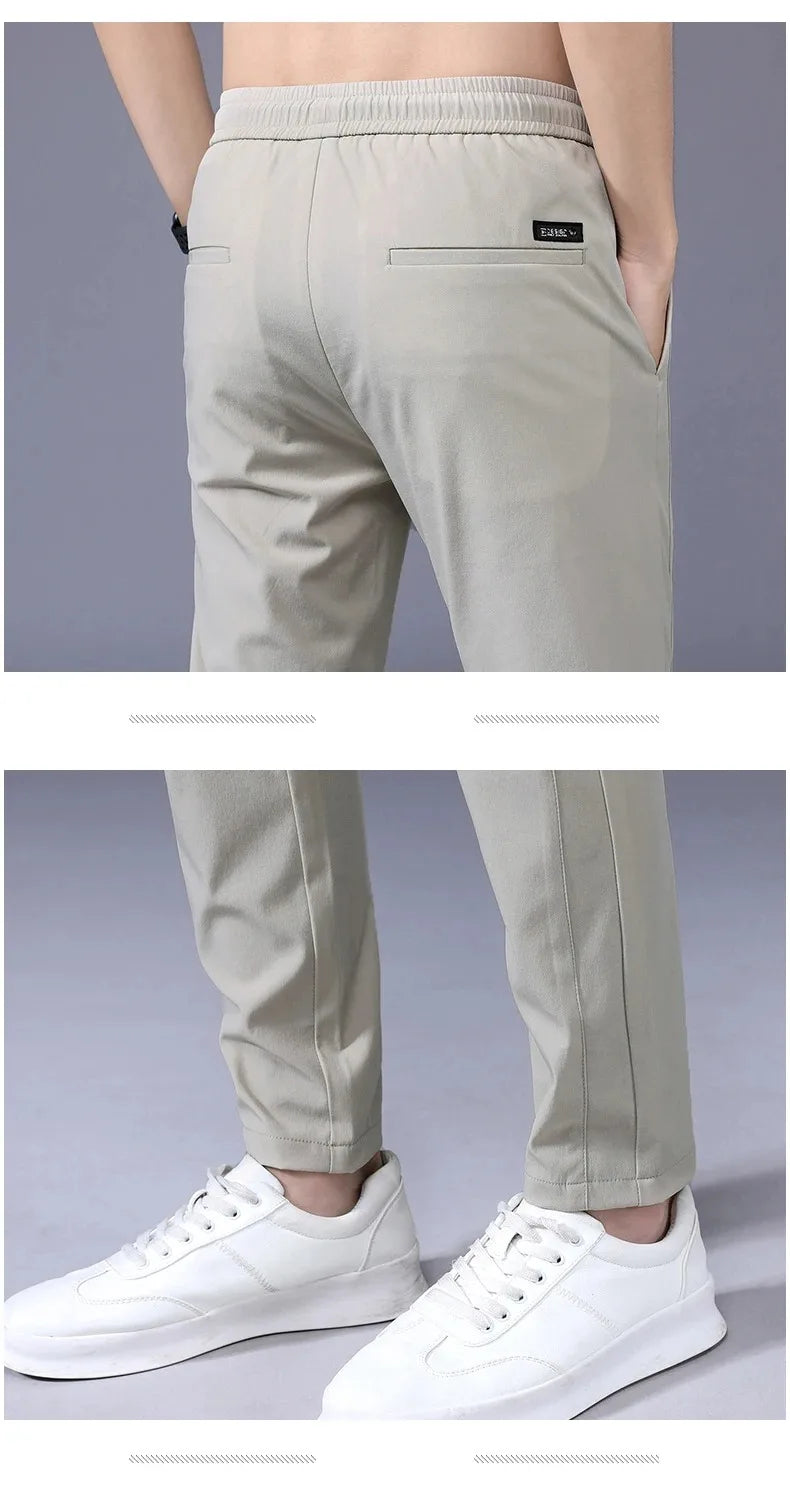 Men's New Casual Pants Fashion Stretch Straight Slim Pants Hong Kong Wind Ice Silk Loose Everything Trend Foreign Jogging Pants