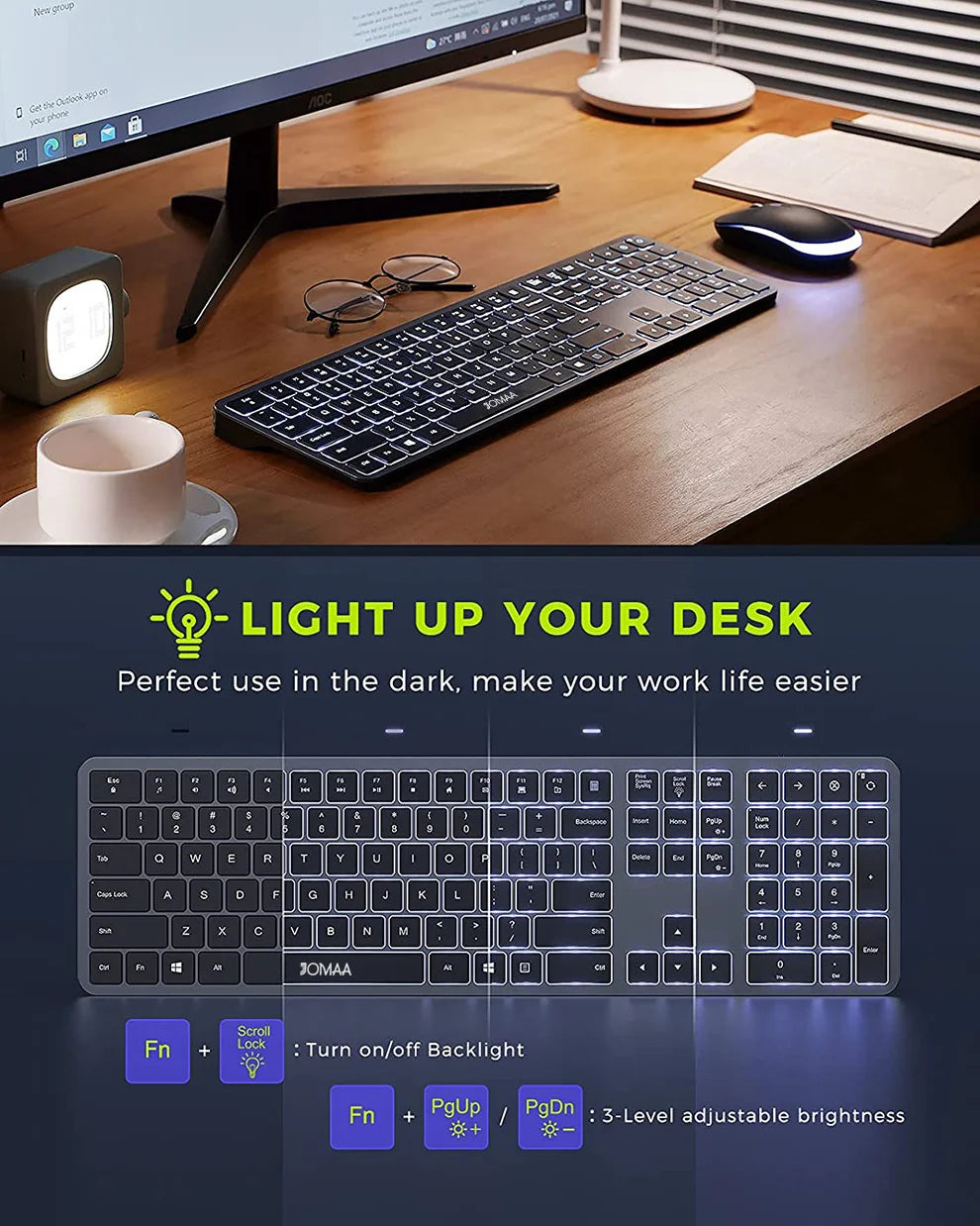 Wireless Ultra Slim Full Size Keyboard and Mouse Combo Rechargeable 2.4G USB Cordless Illuminated Keyboard & Mouse Set