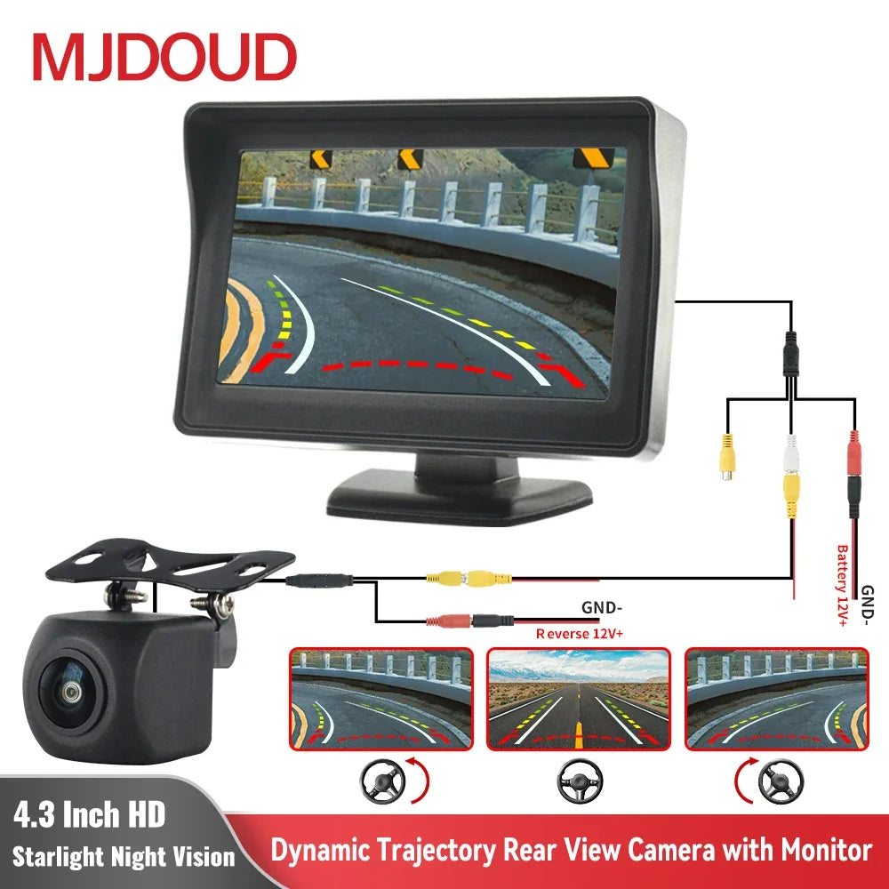 MJDOUD Car Rear View Camera with Dynamic Trajectory Parking Line for Vehicle Monitor Reversing Camera with 4.3" Screen Universal