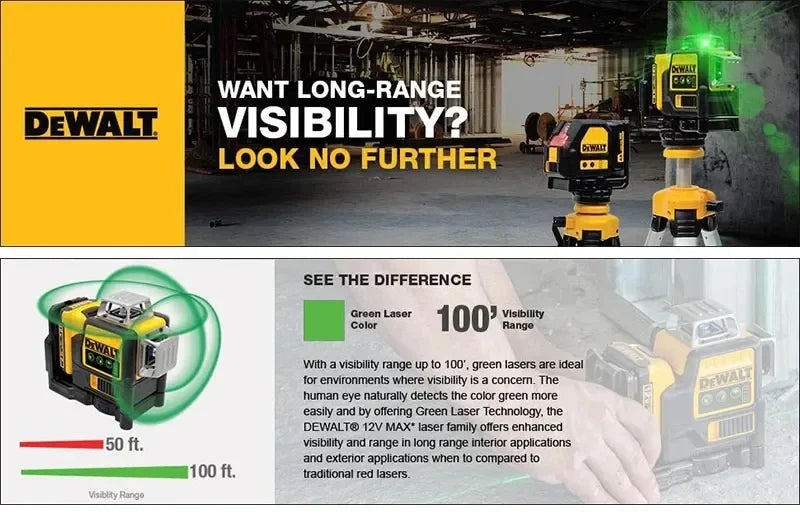 DEWALT  Laser Level DW089LG Self Levelling 12 Line 3 x 360 Degrees Green Beam Laser 12V MAX Li-Ion Battery Lasers