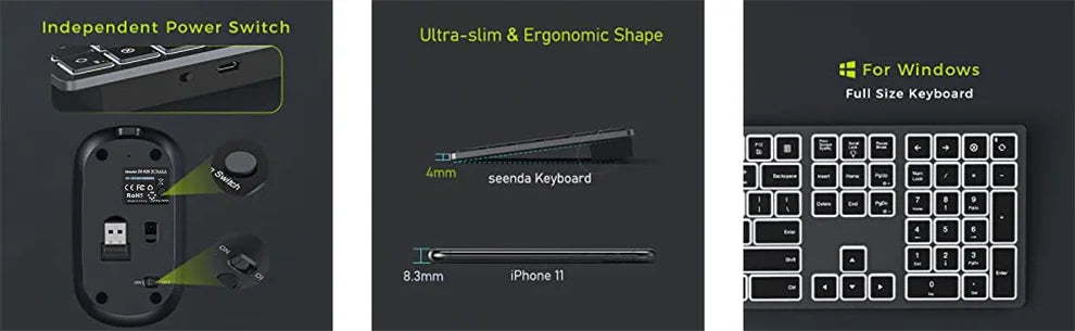 Wireless Ultra Slim Full Size Keyboard and Mouse Combo Rechargeable 2.4G USB Cordless Illuminated Keyboard & Mouse Set