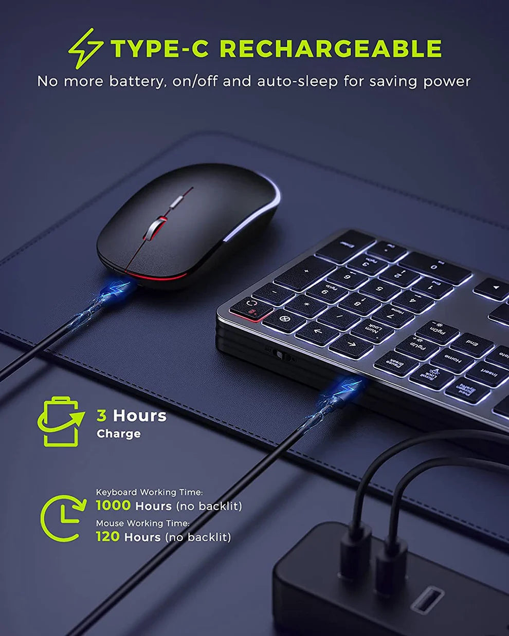 Wireless Ultra Slim Full Size Keyboard and Mouse Combo Rechargeable 2.4G USB Cordless Illuminated Keyboard & Mouse Set