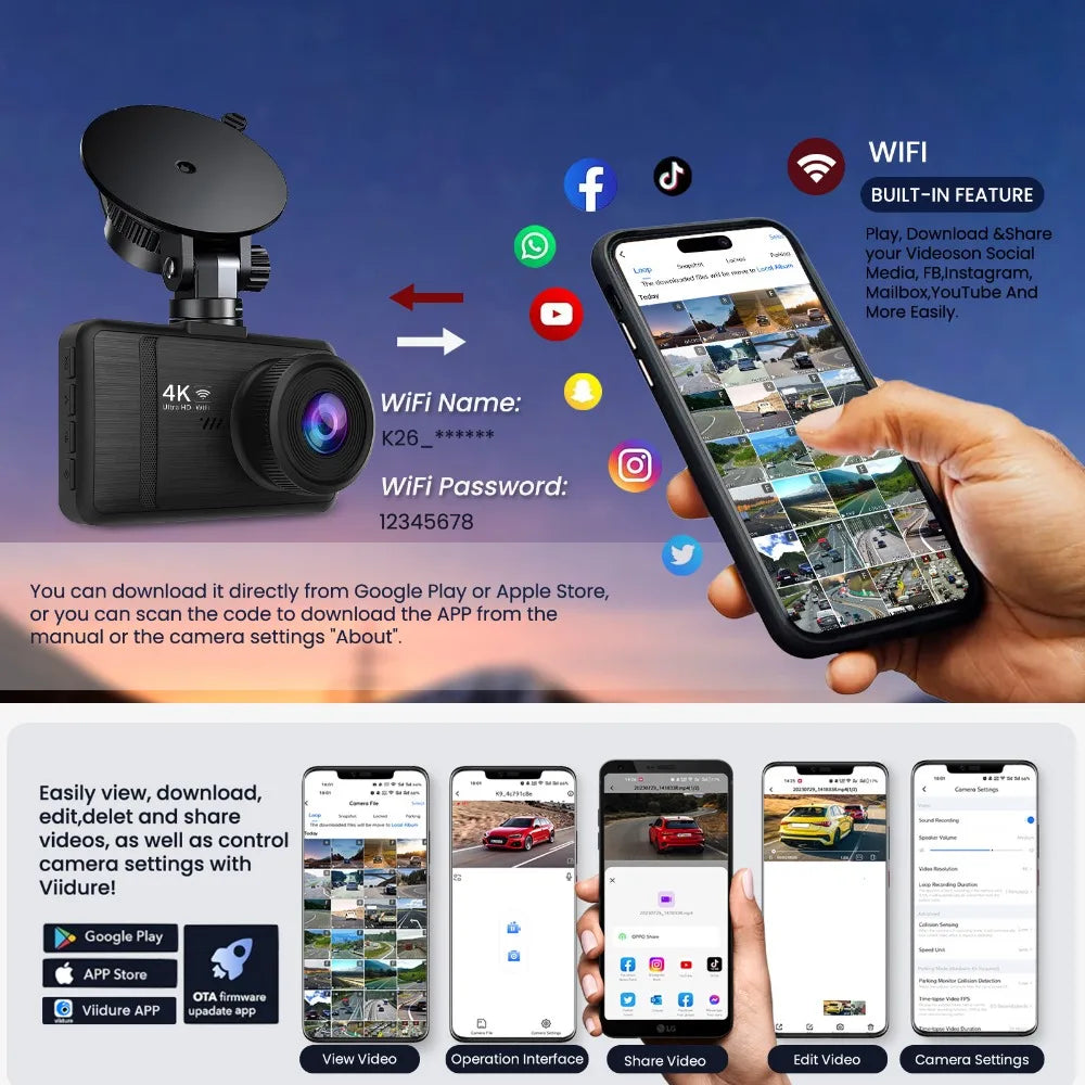 KQQ 4K Dash Camera for Car Ront and Rear Dual Lens Auto Car Dvr Built-in Wifi Support WDR Night Vision 24H Parking Monitor