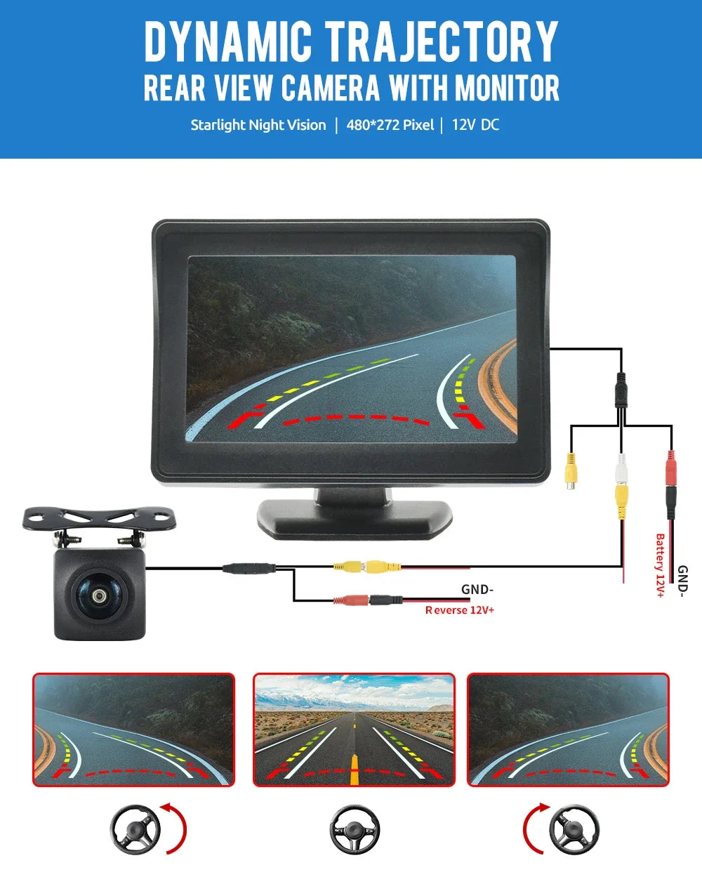 MJDOUD Car Rear View Camera with Dynamic Trajectory Parking Line for Vehicle Monitor Reversing Camera with 4.3" Screen Universal